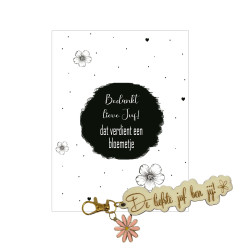 Sleutelhanger JUF met kaartje 'Bedankt lieve juf' – bloemen en hartjes