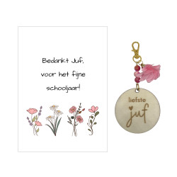 Kaartje en sleutelhanger Juf - bloemen