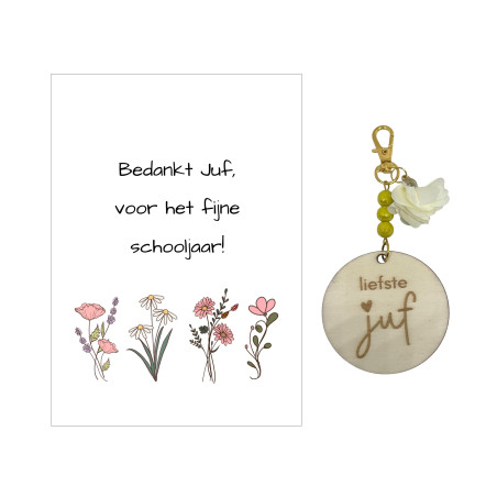 Kaartje en sleutelhanger Juf - bloemen