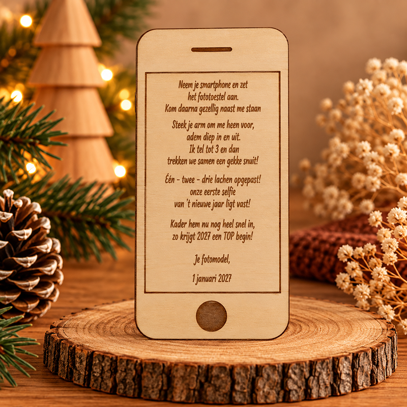 Houten nieuwjaarsbrief iphone