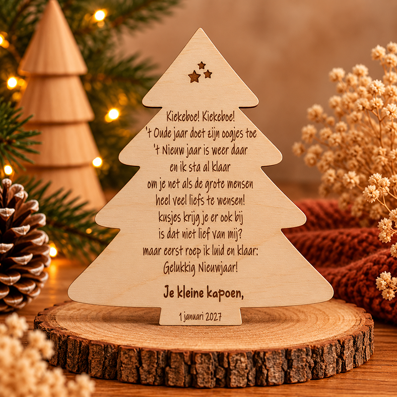 Houten nieuwjaarsbrief kerstboom