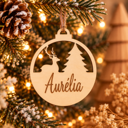 Houten kerstbal hertje en kerstboom