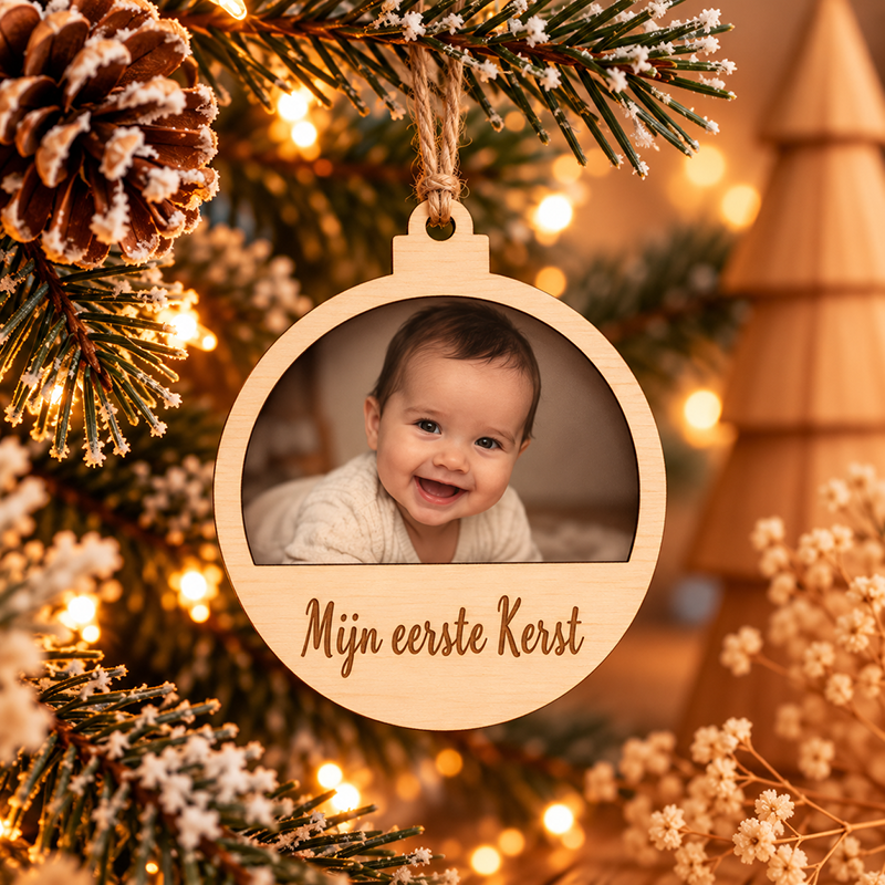 Houten kerstbal met foto