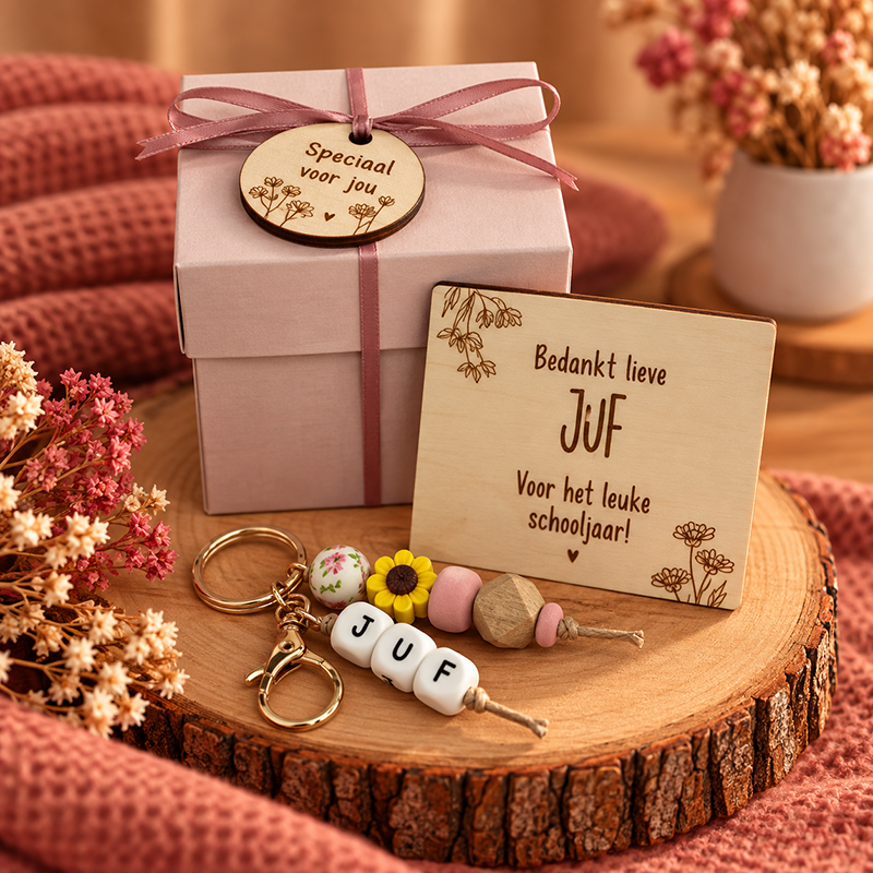 Cadeaudoosje juf bloemen sleutelhanger