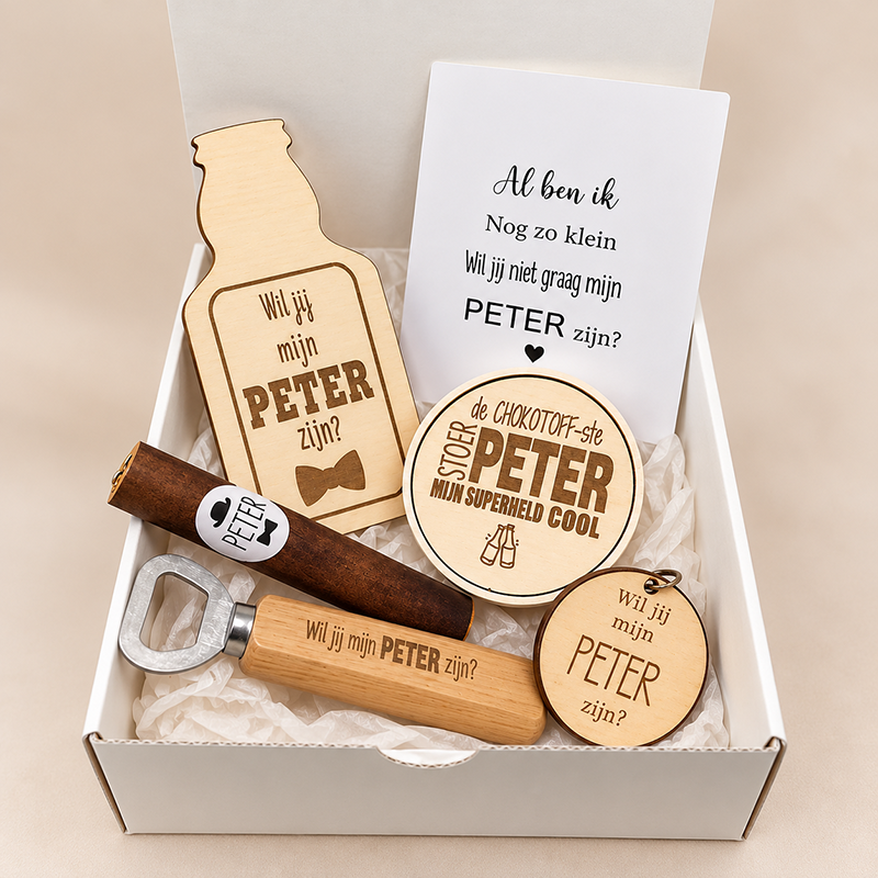 Cadeaubox voor Peter | Houten bierfles & opener | Gepersonaliseerd