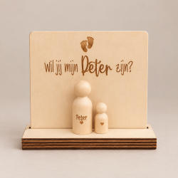 Tekstbord houten poppetje peter vragen voetjes