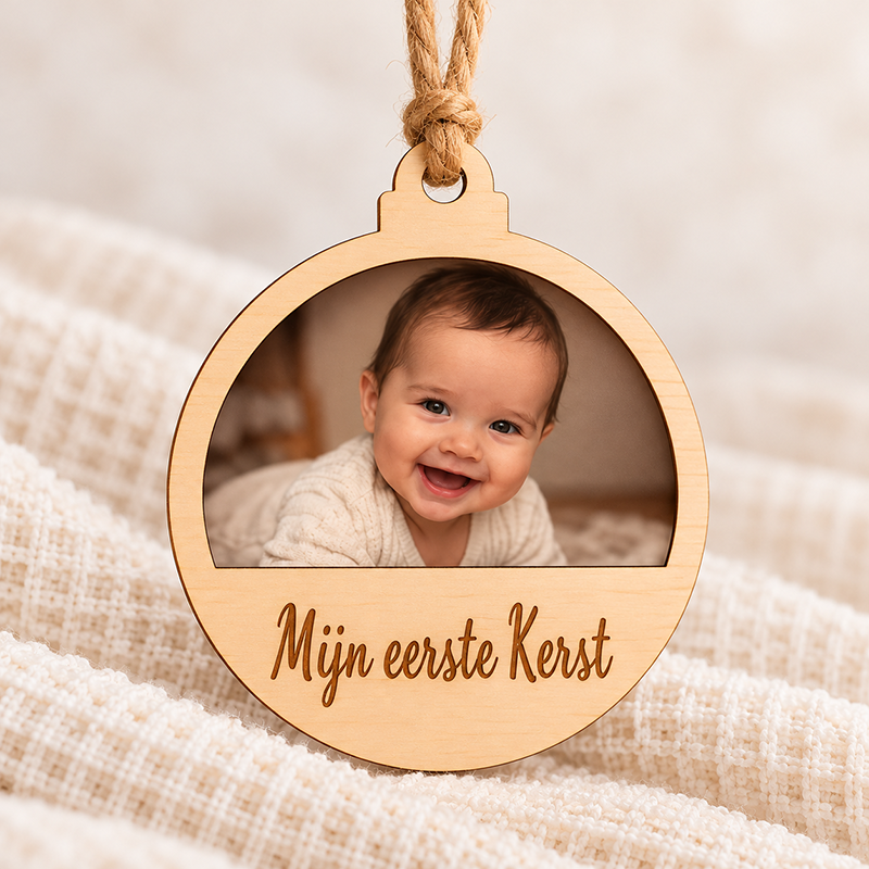 Houten kerstbal met foto