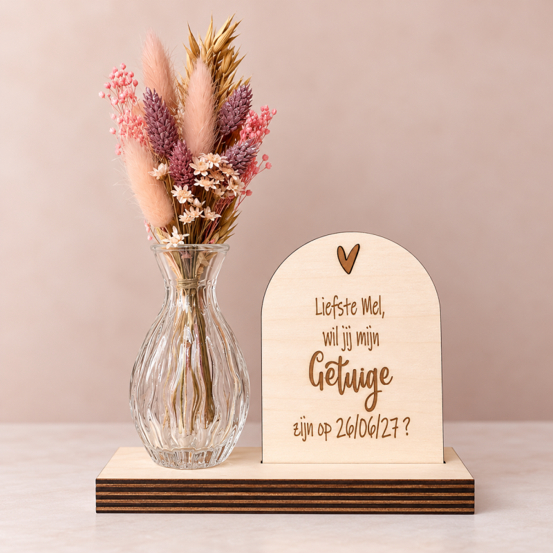Geschenkbox wil je mijn getuige zijn vaasje met droogbloemen