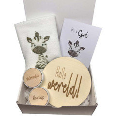 Geschenkbox kraamcadeau zebra halo wereld met bewaardoosje en handdoek.
