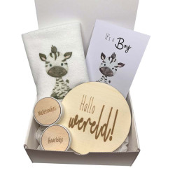 Geschenkbox kraamcadeau zebra halo wereld met bewaardoosje en handdoek.
