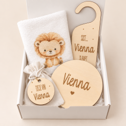 Geschenkbox kraamcadeau leeuw met bewaarzakje tut en handdoek.