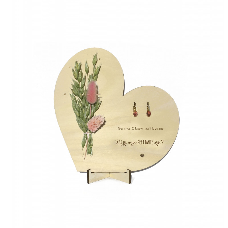 Tekstbord droogbloemen Peettante oorbellen Swarovski - roze- goldplated