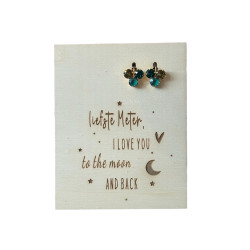 Houten kaartje en Swarovski oorbellen